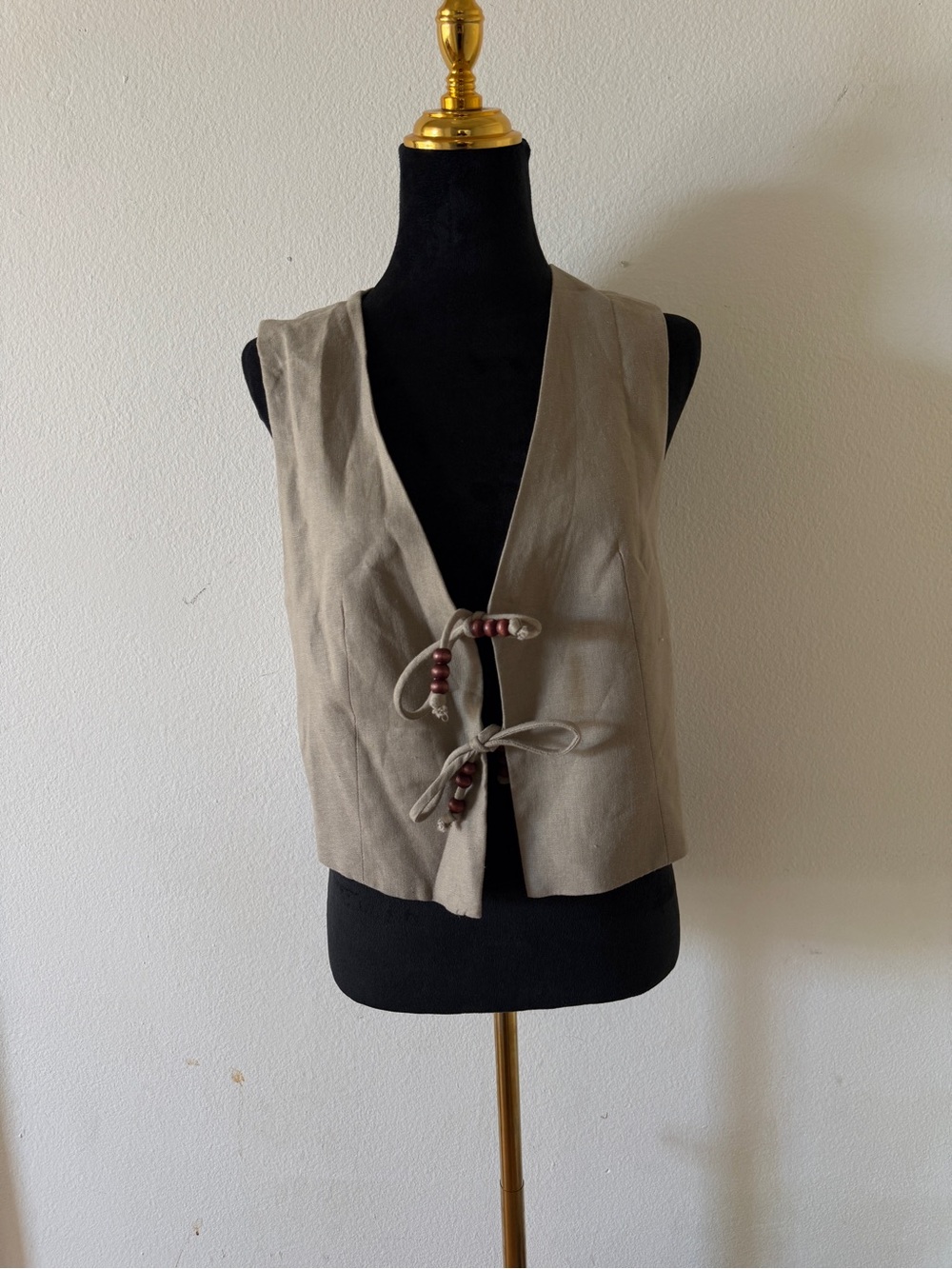 Zara Taupe Linen Tie-Front Vest with Bead Accents